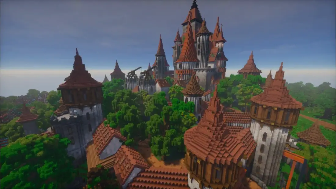 Le château d'Arkendis et ses toits, vus d'en haut.