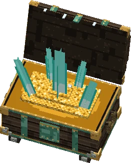 Le coffre du Capitaine ouvert, vu de haut : un lit d'or et des éclats turquoise.