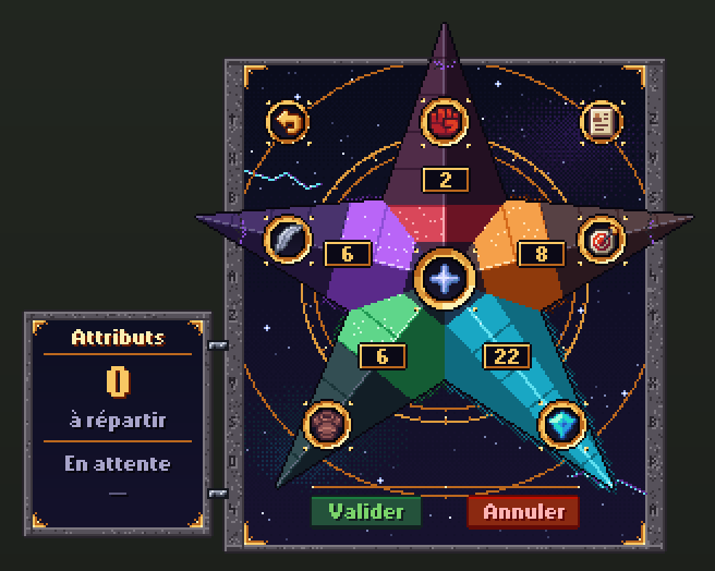 L'Étoile de la Voûte en jeu : cinq pointes de cristal, une par attribut, avec leur valeur ; à gauche, les points à répartir ; en bas, Valider et Annuler.